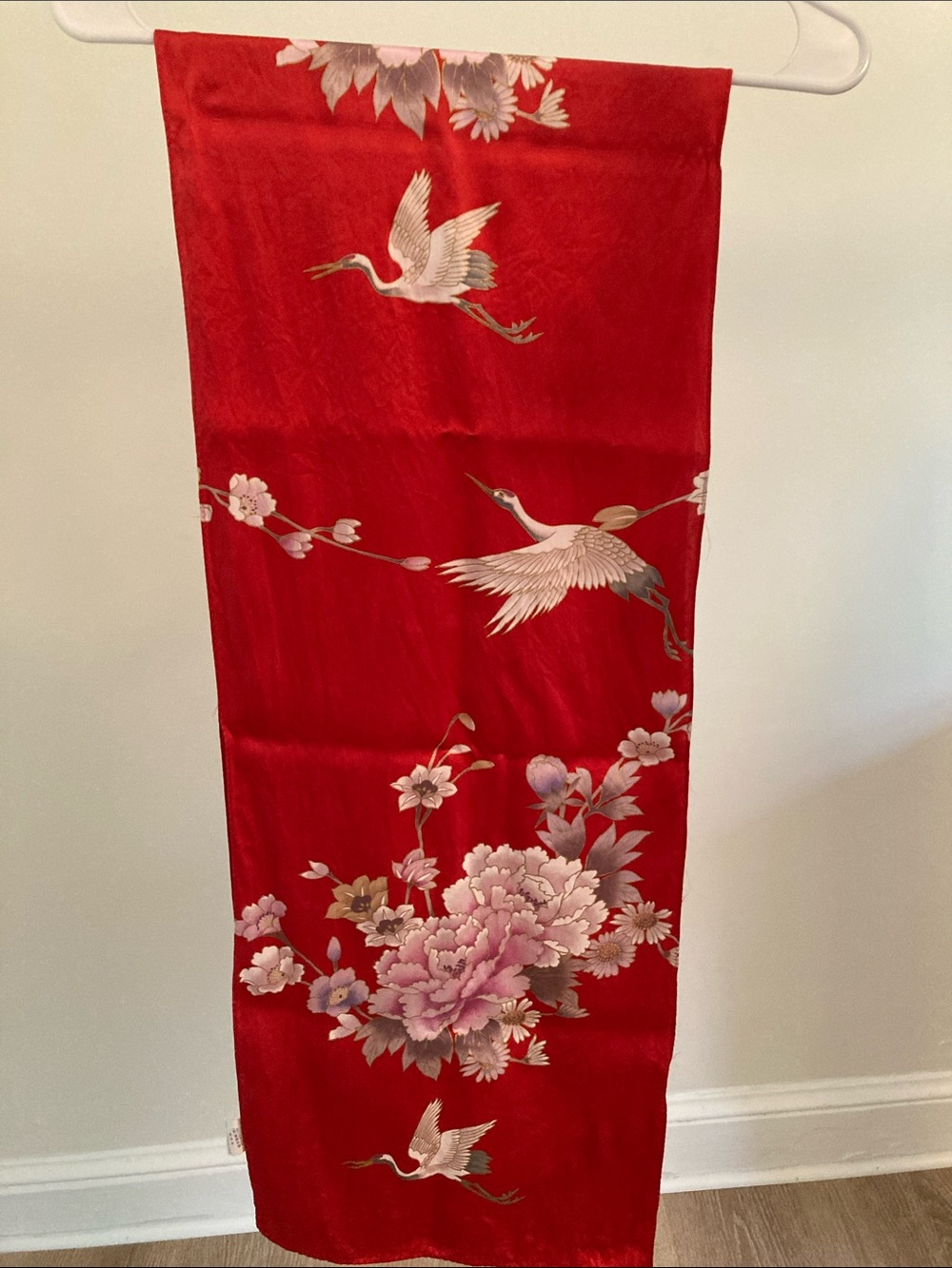 Red Floral Crane 100% Silk Scarf